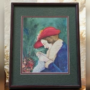 Red Hat Art Watercolor Original S. Tolentino Signed By Artist Framed Bordered